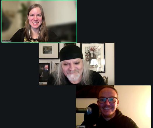 Martina, Tom G. Warrior und Justus vom BLECH-Podcast in einem Zoom-Call