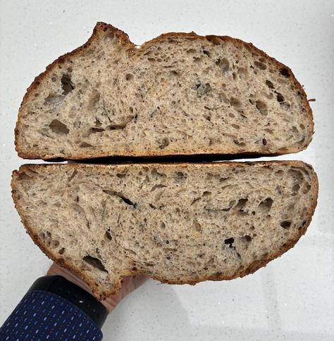Crumb shot showing open texture.