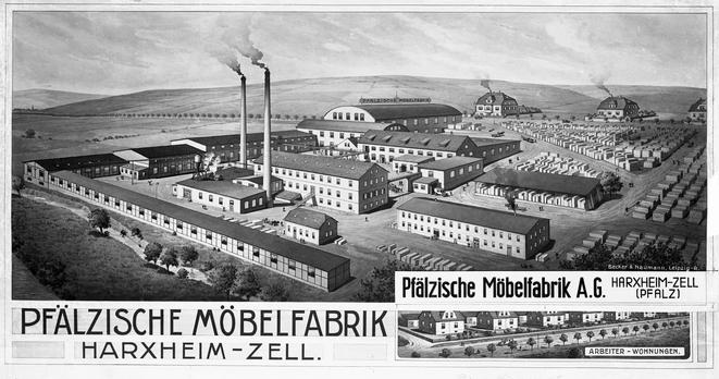 Schwarz-weiß Zeichnung des Werksgeländes der Pfälzischen Möbelfabrik mit vielen Gebäuden, Hallen und Arbeiterwohnungen.