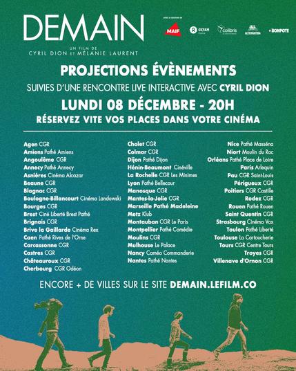 Visuel avec la liste des villes programmant une séance. La liste complète : https://demain.lefilm.co/