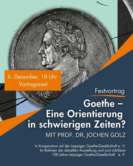 Veranstaltungsplakat mit dem Bild einer Silbermünze und dem Hinweis zur Veranstaltung "Goethe – Eine Orientierung in schwierigen Zeiten?"