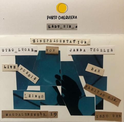 💥Announcement! Friday 05.12.2025💥

📖 Zine presentation ‘OTRO LUGAR’ 📖

Friday, 05.12.2025 | 6:30 p.m. | Magdalenenstraße 19, 10365 Berlin

Arrival: U5, bus 240 Magdalenenstraße

📣 Call: https://asanb.noblogs.org/?p=14506 - @plattenkosmos

#b0512 #zines

We are pleased to invite you to the presentation of the fanzine ‘OTRO LUGAR’ by  @channa_aekis  , designed in collaboration with  @pau.punto and published by  @puntocualquiera

We look forward to seeing you on Friday, 5 December, with a small exhibition, a bar where you can have a drink and learn more about the creation process of the fanzine, as well as live poetry by  @solnarvaez_ @florcualquieraa  @lis.buhl

There will also be a selection of books and zines from  @editorial_patasdecabra  and  @editorialmutanta