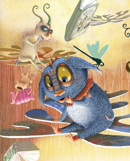 Against a brightly lit background of glowing orange and yellow textures, the little blue monster, and his friends sit on floating curved shapes. They are all looking down at the mysterious scene below. Further back, two cats are not floating, but falling through the air, and not appearing happy at all. :-) (P.S. Cats always land on their feet.)