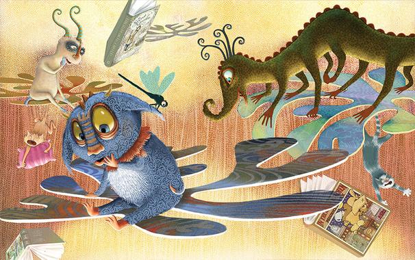 Against a brightly lit background of glowing orange and yellow textures, the little blue monster, and his friends sit on floating curved shapes. They are all looking down at the mysterious scene below. Further back, two cats are not floating, but falling through the air, and not appearing happy at all. :-) (P.S. Cats always land on their feet.)