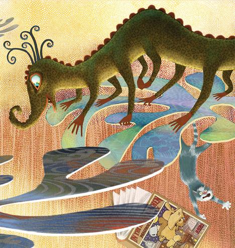 Against a brightly lit background of glowing orange and yellow textures, the little blue monster, and his friends sit on floating curved shapes. They are all looking down at the mysterious scene below. Further back, two cats are not floating, but falling through the air, and not appearing happy at all. :-) (P.S. Cats always land on their feet.)