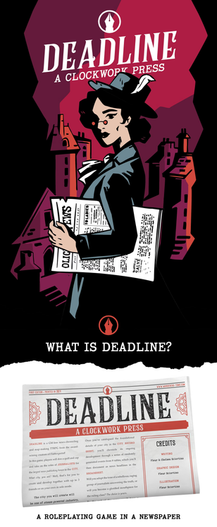 Une image promotionnelle du jeu. En haut, une femme dans une tenue (clichée ? classique ?) de journaliste du 19e siècle, un journal sous le bras. Elle porte des petites lunettes, un chapeau avec une plume, et un genre de ciré noir. En dessous, un journal qui reprend la description du jeu et crédite les auteurices