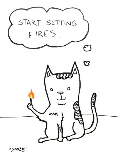 a cat with striped spots holds a lit match and thinks "start setting fires."