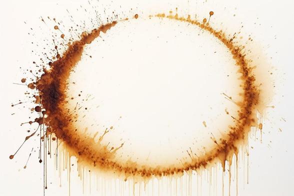 A circular stain dominates the image, set against a pale, off-white background. The stain appears to be a dark brown color, resembling coffee or tea, with varying shades indicating different concentrations of the liquid. It's not a solid shape, but rather a collection of splatters, drips, and blurred edges creating an uneven, organic form. The stain is thicker at the top and bottom, with elongated drips running vertically downwards, and thinner, more scattered splatters along the sides. The center of the circle is empty, leaving a clear space against the background.