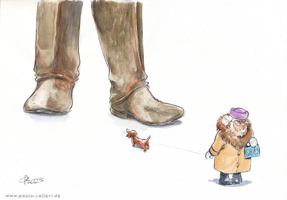 Karikatur. Ein Dackel bellt eine große Bronzestatue an, von der man nur die Beine sieht. Die Leine des Dackels führt zu einer alten Dame, die sich grimmig abwendet. Sie trägt ein türkisfarbenes Handtäschchen mit den Buchstaben C D U.