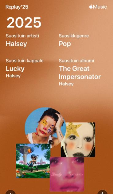 Replay'25
2025
Suosituin artisti
Halsey
Suosituin kappale
Lucky
Halsey
Suosikkigenre
Pop
Suosituin albumi
The Great
Impersonator
Halsey
Ja 4 kuvassa on Halsey tai levynkansi kolmessa ja4.on Mammanpoika-albumin kansikuva