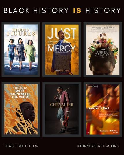 Collage of film posters for Hidden Figures, Just Mercy, Queen of Katwe, The Boy Who Harnessed the Wind, and Summer of Soul. Additional text says: "Black History is History. Teach with Film. Journeysinfilm.org."