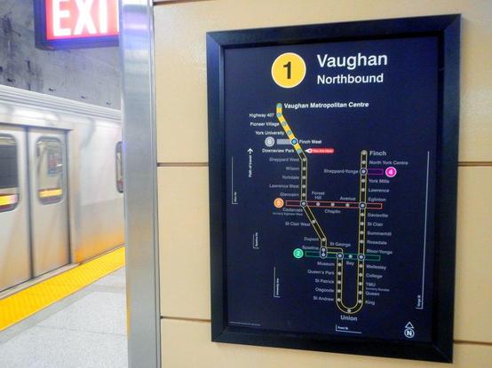 TTC “Subway and Light Rail” map on the Line 1 Downsview Park subway station platform, showing Line 6 and Line 5!

Map is Line 1

Vaughan

Northbound
