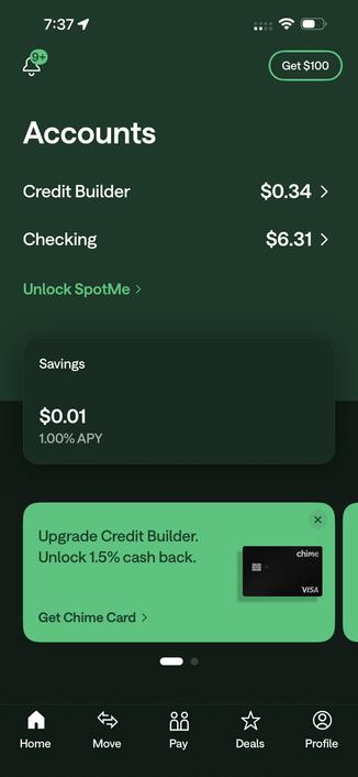 7:37 イ
Get $100
Accounts
Credit Builder
Checking
$0.34 >
$6.31 >
Unlock SpotMe >
Savings
$0.01
1.00% APY
Upgrade Credit Builder.
Unlock 1.5% cash back.
chime
VISA
Get Chime Card >
B：
Home
Move
Pay
*
Deals
Profile
