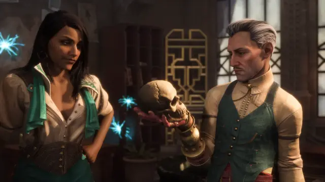 Emmrich Volkarin is holding a skull in his hand, and he and Neve Gallus are both looking at it. They're in Neve's quarters, with wisps flying around behind her.