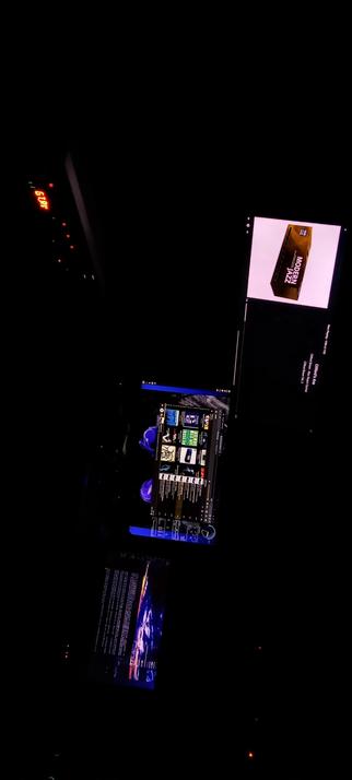 Photograph composed in total darkness illuminated by IPS LED panels only shows three screens displaying
SBC Pi Core player left
Web interface to Pi Core Player on dashboard nbk on middle
Dashboard main display on right
Barely visible is the SBC before panel 0 with 2x micro HDMI cables power keyboard & digitizer / Audio Interface plugged in
Setup gives recording engineer max control.