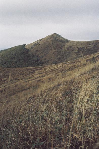 A moor with dry grass and heavy clouds hovering over the mountain peaks.