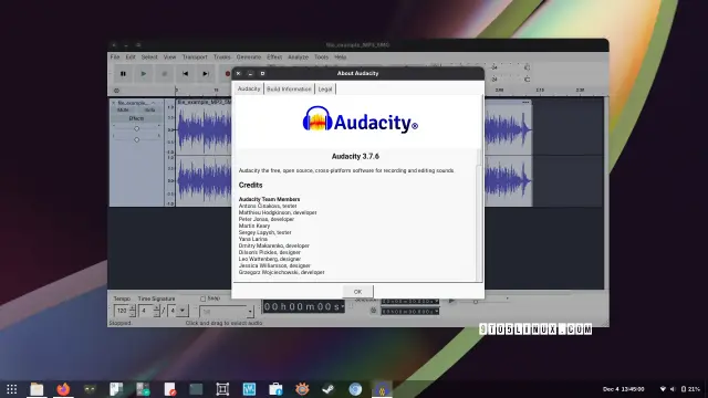 Screenshot of Audacity 3.7.6 showing the main window while editing an audio file and the About Audacity dialog.