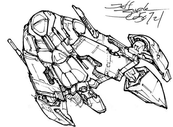 Black and white line art sketch of an imaginative sci fi spaceship. Each one is very different. A blunted, metal paneled arrowhead with several curved rear projections and a pair of mean-looking gun barrels pointing forward.