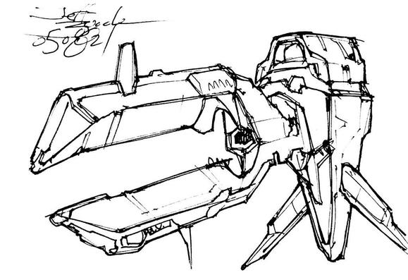 Black and white line art sketch of an imaginative sci fi spaceship. Each one is very different. Small pelican body with huge long angular metal shear-looking forked front end. Hungry for scrap metal.