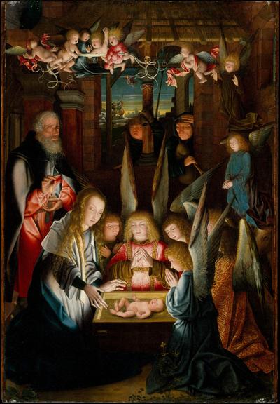From the museum: 'This nighttime scene is based on an account by Saint Bridget of Sweden, who claimed to have seen a holy vision of the Nativity during a pilgrimage to Bethlehem in 1372. The details which correlate with Bridget's account are the young Virgin with flowing hair, the naked Christ Child, and the singing angels. The most important element of Bridget's vision is the "great and ineffable light" which emanates from the Child to illuminate his surroundings, entirely eclipsing the light of the candle held by Joseph. This effect of illumination allowed painters to both indicate the holiness of the event as well as to experiment with dramatic lighting effects.'
