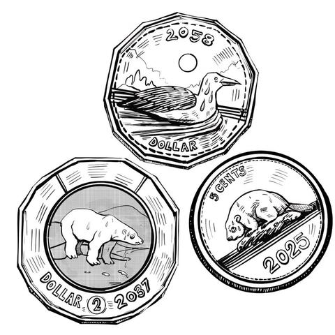 Illustration depicting three Canadian coins, each featuring a picture of a different, sweating animal, on a white background.