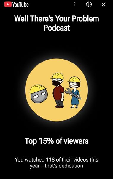 A screenshot of my annual YouTube Unwrapped, showing my most-watched show:

Well There’s Your Problem Podcast

Top 15% of viewers

You watched 118 of their videos this year - that’s dedication.