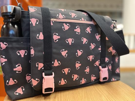 A black messenger bag with two side pockets, printed with goofy adorable pink uteruses scattered all over.  The bag has pink plastic buckles and a pink zipper on the front flap.