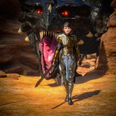 The image shows a dramatic fantasy scene set in a rocky, sunlit landscape. At the center is a woman in ornate, gleaming armor. Her armor is gold and blue, intricately detailed, and shaped to protect her whole body. She carries a sword at her side and walks forward with calm confidence.

Behind her looms a massive black dragon with glowing red eyes. Its mouth is wide open, showing sharp white teeth and a huge, bright pink tongue. The dragon seems to roar or snarl, but the woman appears completely unafraid, as if she either controls the creature or has just defeated it. The contrast between her composed stride and the dragon’s ferocity creates a powerful, heroic atmosphere.