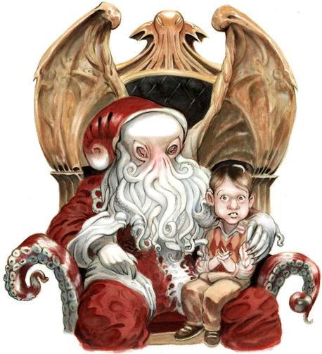 Artwork depicting Great Cthulhu dressed as Santa Claus with white tentacle beard seated on a winged throne, absolutely terrified little child on his lap....