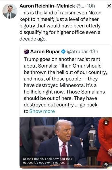 Tweet criticizing Trump’s racist comments about Somalis. Image shows Trump sitting with officials, speaking angrily with his hand raised.