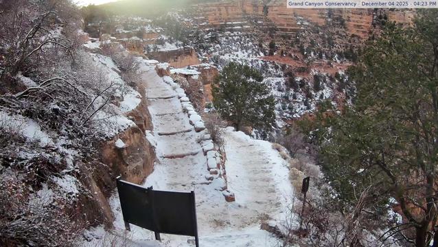 Check this camera for winter trail conditions. At this time, Bright Angel Trail is open to Havasupai Gardens. However, trail is CLOSED from Havasupai Gardens down to and including the Silver Bridge, through May 14, 2025, for waterline replacement. Drinking water stations at Mile-and-a-Half and Three-Mile Resthouses have been turned off for the winter. Water is only available at Havasupai Gardens. Verify that the time and date of the picture is current (upper right in the photo) Camera is hosted by Grand Canyon Conservancy. The image updates every minute.
