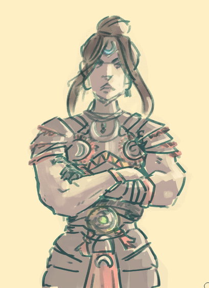 rough sketch of nemesis from hades 2. she's a muscular woman, wearing armor. her arms are crossed and though the sketch is loose, you can tell she doesn't look happy