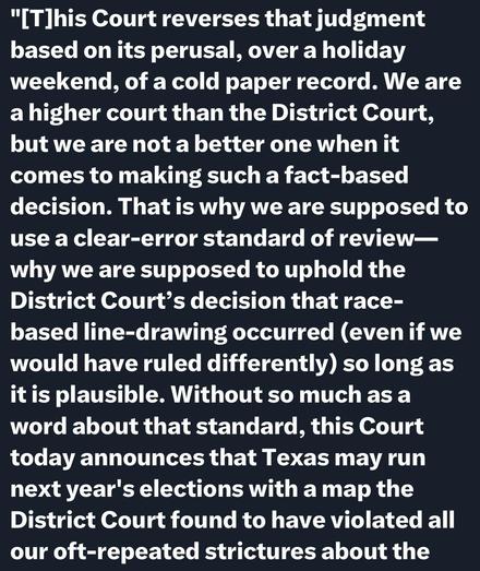Text from a judicial opinion discussing a court's reversal of a previous judgment regarding redistricting based on race. It highlights the importance of upholding district court decisions and the implications for upcoming elections in Texas.