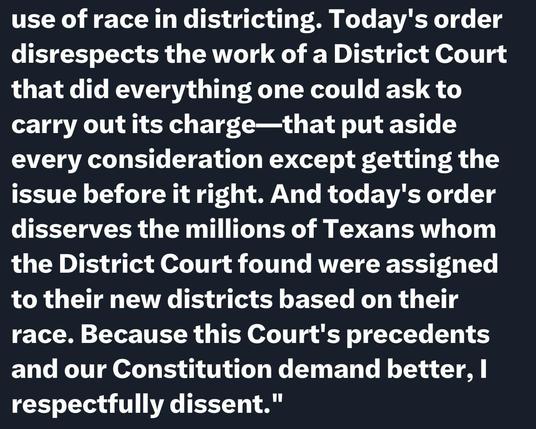 Text excerpt discussing a dissenting opinion on a court order related to the use of race in districting, mentioning the impact on Texans and a call for adherence to constitutional standards.