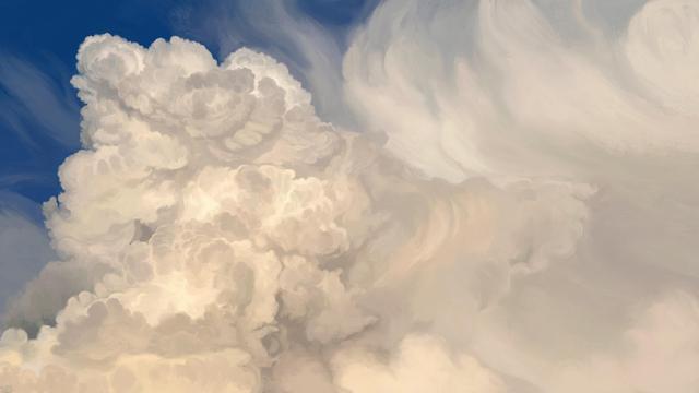 Digital painting of a giant cloud blooming into a blue sky, against a background of large, sweeping clouds. The light is slightly yellow, creating complex shadows on the many valleys and mountains of the clouds.
