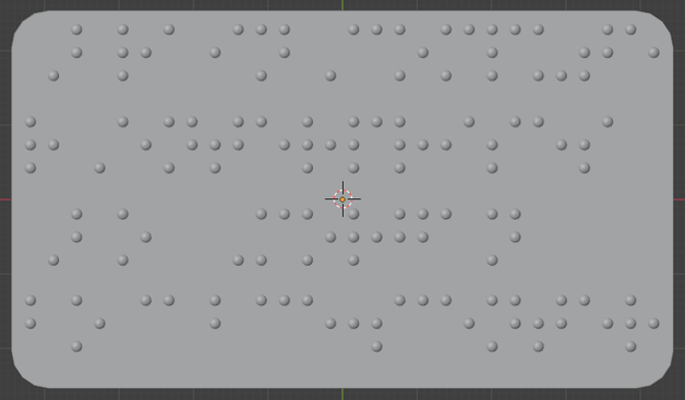 A 3D rendering of a braille business card that has 14 columns and 4 rows of braille that say:
1. "BrainCompute"
2. "rEnterprises"
3. "Bo Morgan"
4. "bo@bce.center"
