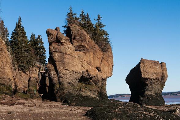 Tilted layers of sandstone at Hopewell Rocks in the Bay of Fundy