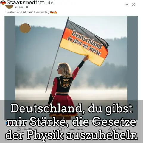 Ein Satirisches Bild: Eine Person in einem roten und schwarzen Outfit hält eine Fahne mit der Aufschrift „Deutschland, du gibst mir Stärke“ vor einer landschaftlichen Kulisse.