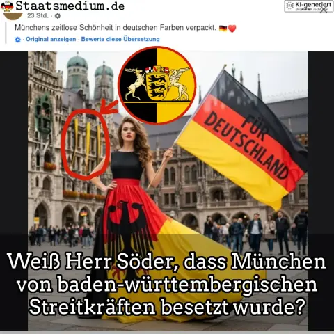 Ein Satirisches Bild: Eine elegante Frau trägt ein Kleid in den Farben der deutschen Flagge und hält eine deutsche Flagge; im Hintergrund ist das Münchener Rathaus zu sehen. Ein Wappen von Baden-Württemberg ist eingezoomt dargestellt, und ein Text fragt, ob Herr Söder über die Besetzung Münchens durch baden-württembergische Streitkräfte informiert ist.