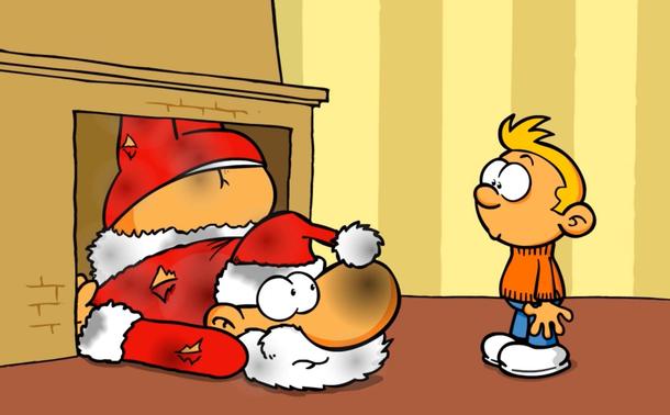 Screenshot aus dem Clip von Ruthe: Ein Junge vor einem Kamin. Darin liegt der Weihnachtsmann mit kaputter Kleidung.