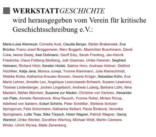 Screenshot mit einer Liste aller Herausgeber*innen von WerkstattGeschichte