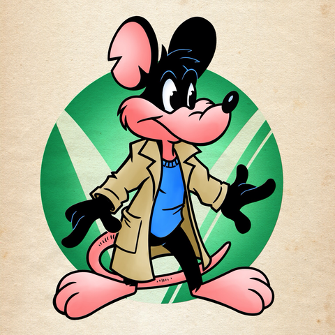 Anthropomorphic black rat wearing a tan trench coat over a blue sweater.