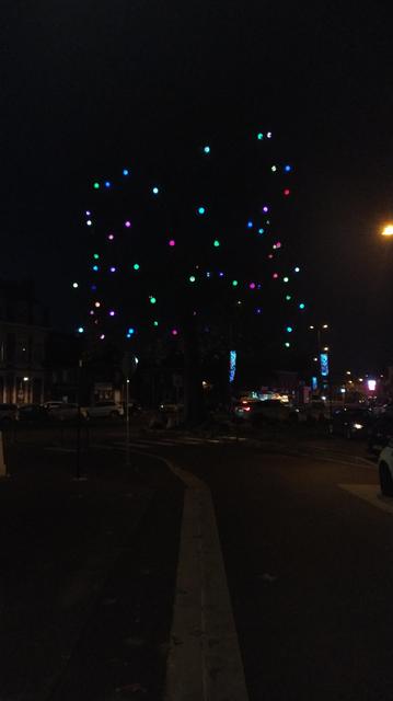 Arbre de la Liberté avec ses boules de Noël illuminant la place du village