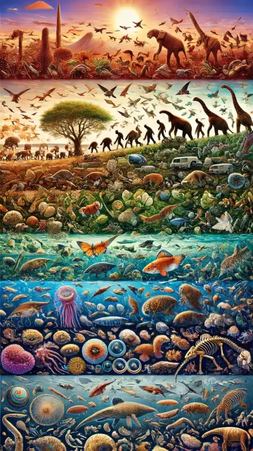 Illustration foutraque générée par IA de l'évolution avec des monstres, des chimères, des voitures, des squelettes wtf...