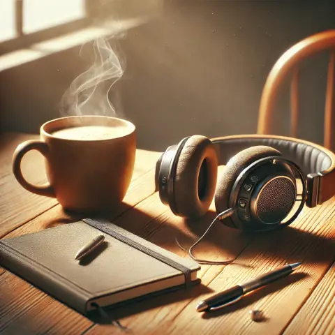 A warm, sunlit wooden desk with a pair of over-ear headphones lying next to a steaming mug of coffee. A closed notebook with a pen rests nearby, and soft morning light from a window creates gentle shadows across the scene, giving it a cozy, relaxed atmosphere.