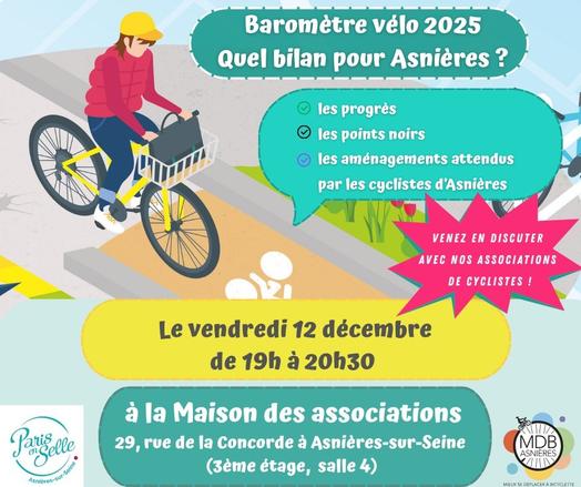 Affiche de promotion de l'événement, ayant pour titre : Baromètre vélo 2025, quel bilan pour Asnières ? Les progrès, les points noirs, les aménagements attendus par les cyclistes d'Asnières. Venez en discuter avec nos associations.
Autres informations dans le corps de la publication.