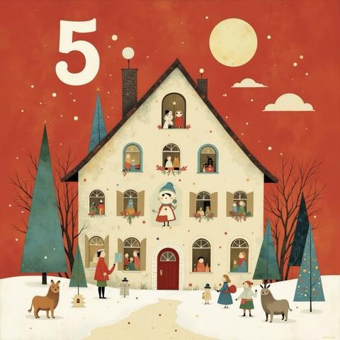 KI-Bild (Flux):

Adventskalender-Türchen Nr. 5. ein kurioses Haus in Schneelandschaft, umgeben von einigen Tannen. An den Fenstern und vor dem Haus sind zahlreiche Personen zu sehen. Den Hintergrund bildet ein roter Himmel, in dem oben links eine weiße Fünf platziert ist.