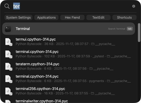 Screenshot of a macOS Tahoe Spotlight search for "ter" showing Terminal app and a lot of Python files despite having enabled only Applications and System Preferences in the settings.