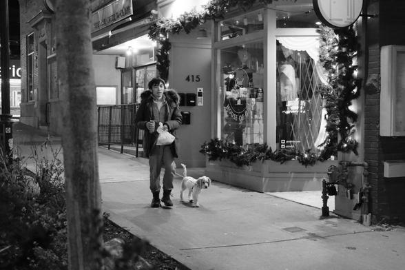 Night, and the streetlamps and lights of the closed shops cast a soft glow on the pavement. At right, the storefronts recede to the upper left corner of the image. At left, a slender tree trunk runs from top to bottom of the frame. Just left of centre, a young man walks toward the camera with his small dog, carrying takeout food.