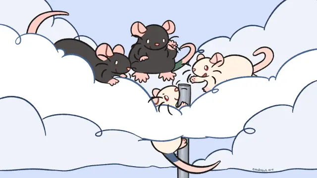 a scene in the clouds. an albino rat with a dyed blue tail and excess porphyrin on her eyes is climbing up a metal pole to join her siblings, who look down on her welcomingly. her sister, another albino rat, reaches out a paw happily. one of her brothers, a black rat, peeks down at her, while her other brother, a black rat with a dyed green tail, waves at her happily.